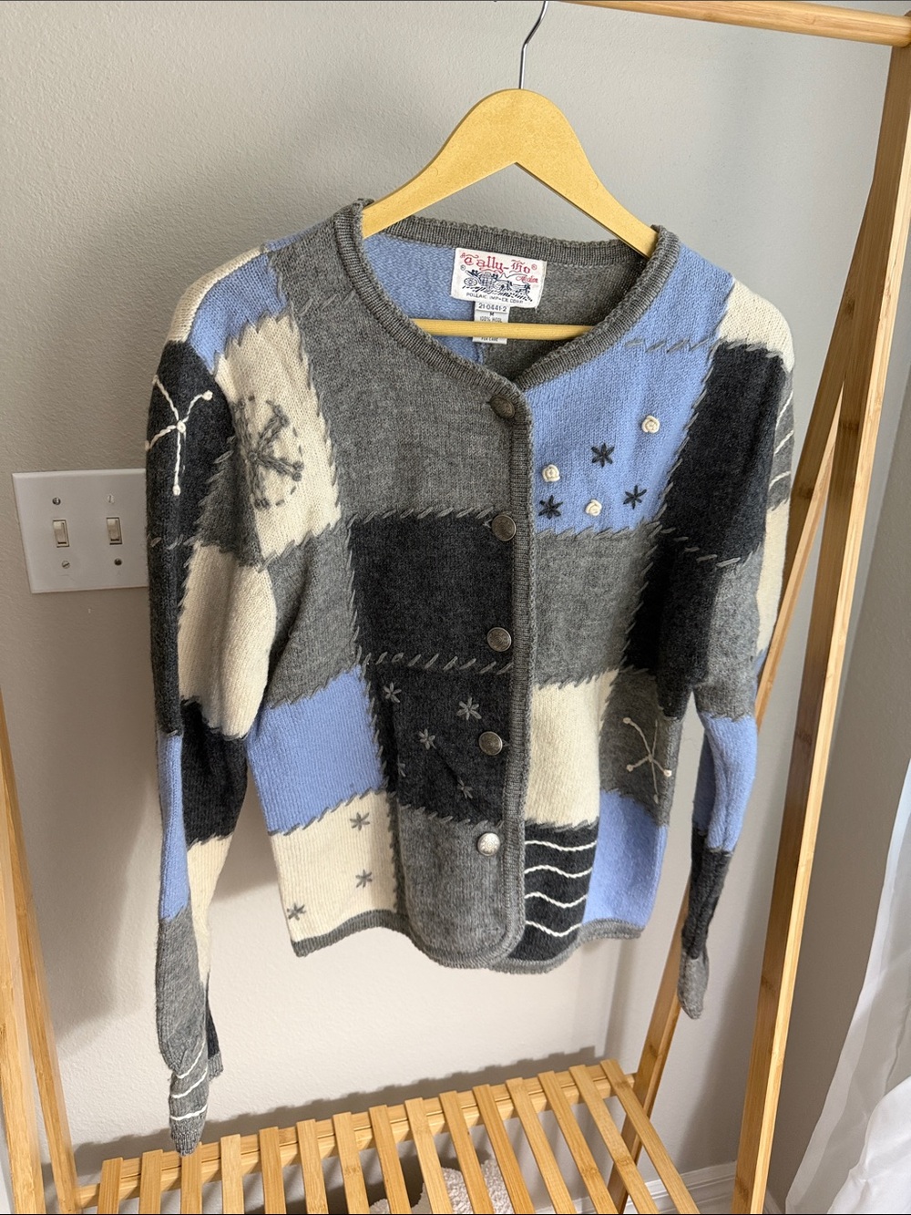 Patchwork Crewneck Cardigan in Gray, Blue & Cream